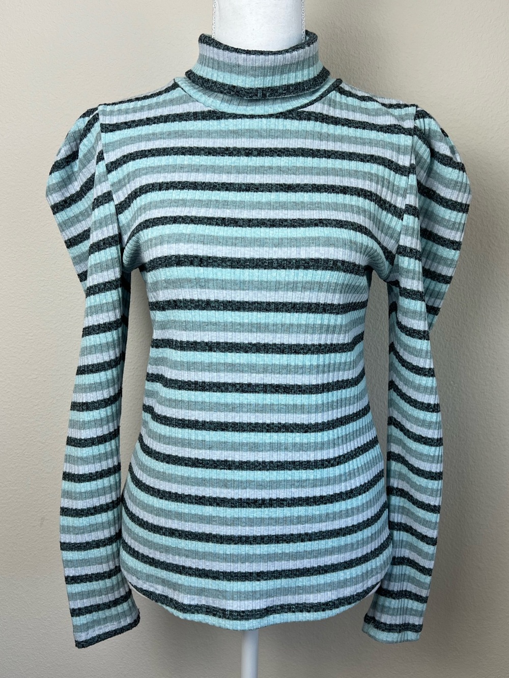 Anthropologie Ribbed Turtleneck Top Sz L Puff Sleeve Striped Mint Grey Academia